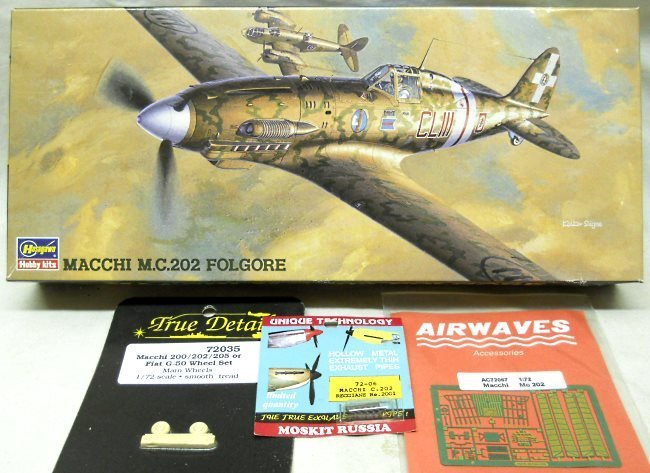 Hasegawa 1/72 Macchi C-202 Folgore With Moskit Exhaust And Airwave PE Detail Set and True Details Wheel Set - Regia Aeronautica Commander 153 Gruppo / 52 Stormo 22 Gruppo 369 Squadriglia, AP2 plastic model kit